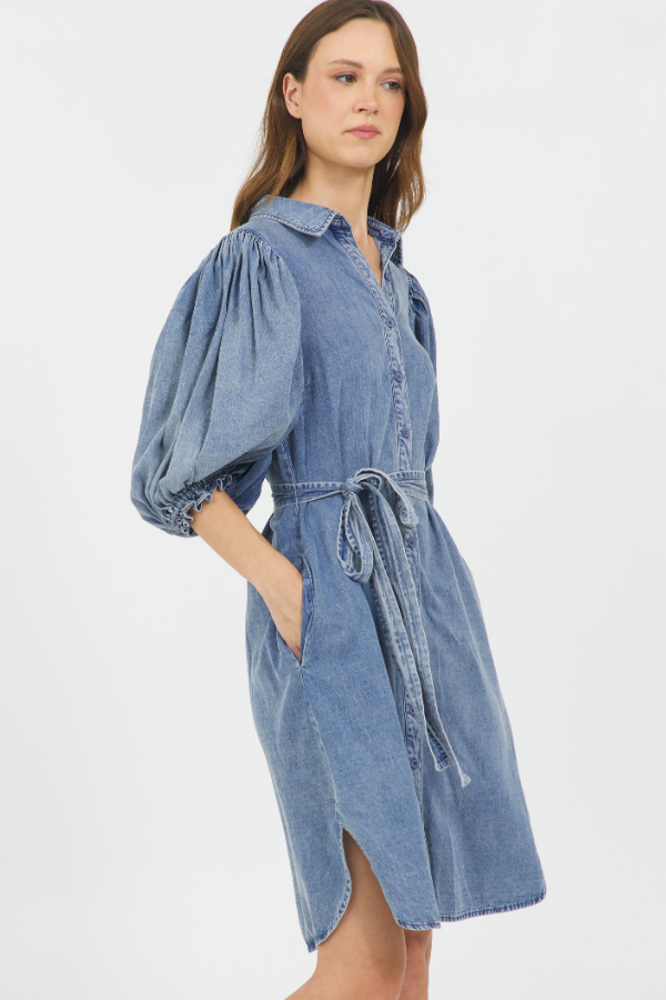 PUFF SLEEVE BUTTON DOWN SHIRT DRESS