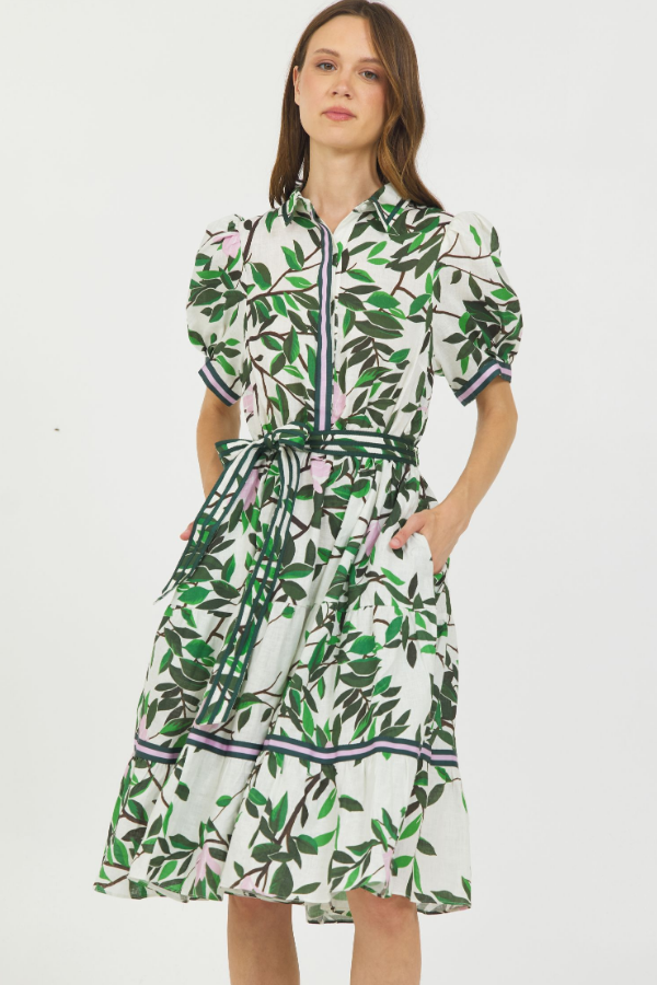 MAGNOLIA PRINT S/S BUTTON CLOSURE BELTED SHIRT DRESS