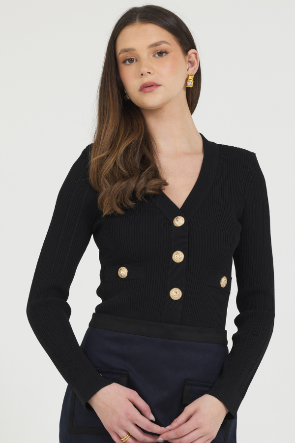 FITTED CARDIGAN WITH GOLD SNAP CLOSURE