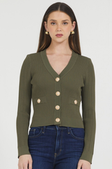 FITTED CARDIGAN WITH GOLD SNAP CLOSURE