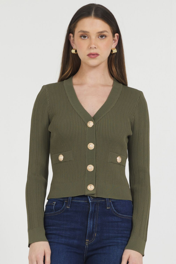 FITTED CARDIGAN WITH GOLD SNAP CLOSURE