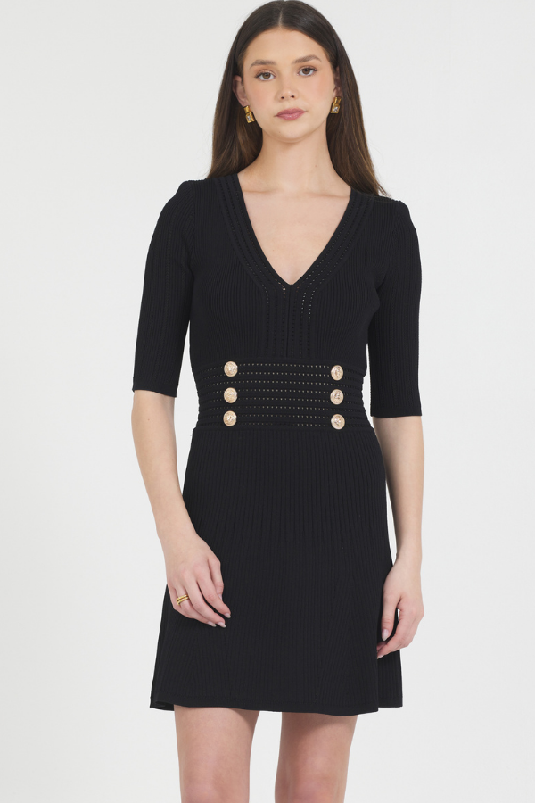 FITTED KNIT DRESS WITH GOLD BUTTON DETAILS