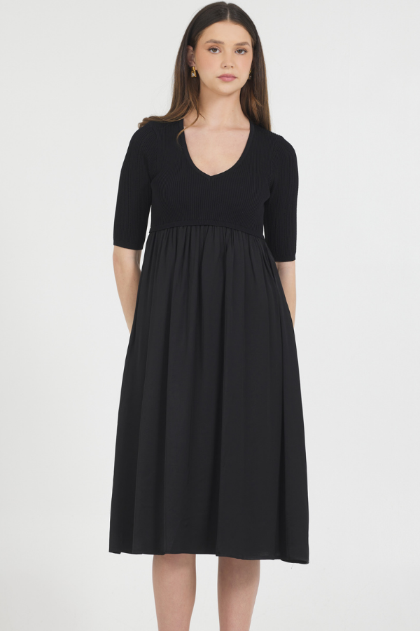 ELBOW SLEEVE V NECK TOP WITH CHARMEUSE SKIRT LONG DRESS
