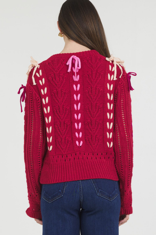 CONTRAST COLOR TIE TRIMMED PULL OVER SWEATER