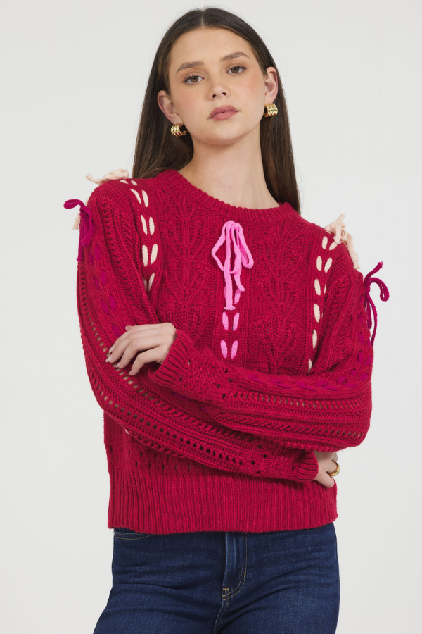 CONTRAST COLOR TIE TRIMMED PULL OVER SWEATER