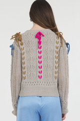 CONTRAST COLOR TIE TRIMMED PULL OVER SWEATER