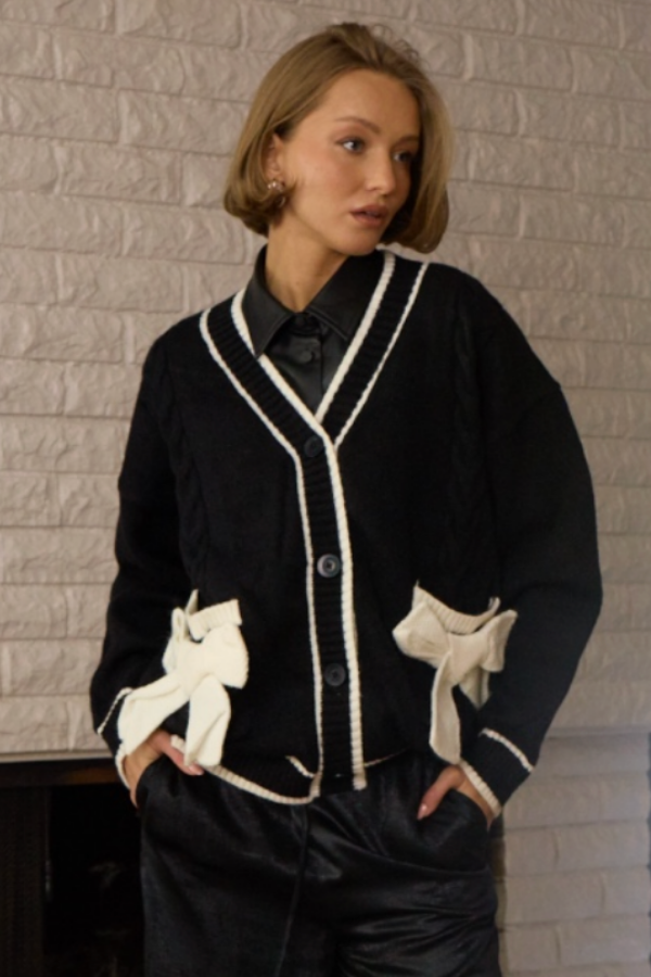 OVERSIZE CARDIGAN W/ BOW TRIM