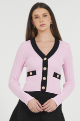 FITTED CARDIGAN WITH GOLD SNAP CLOSURE AND CONTRAST COLOR PLACKET