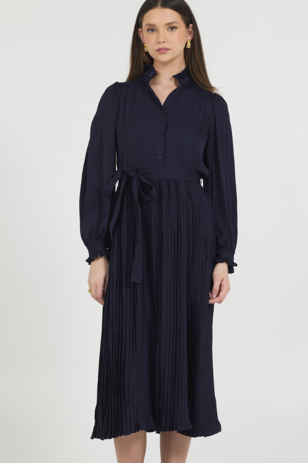 CHARMEUSE MIDI DRESS W/ PLEATED SKIRT