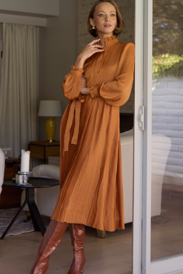 CHARMEUSE MIDI DRESS W/ PLEATED SKIRT