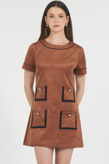 VEGAN SUEDE S/S MINI DRESS W/ CONTRAST COLOR BINDING