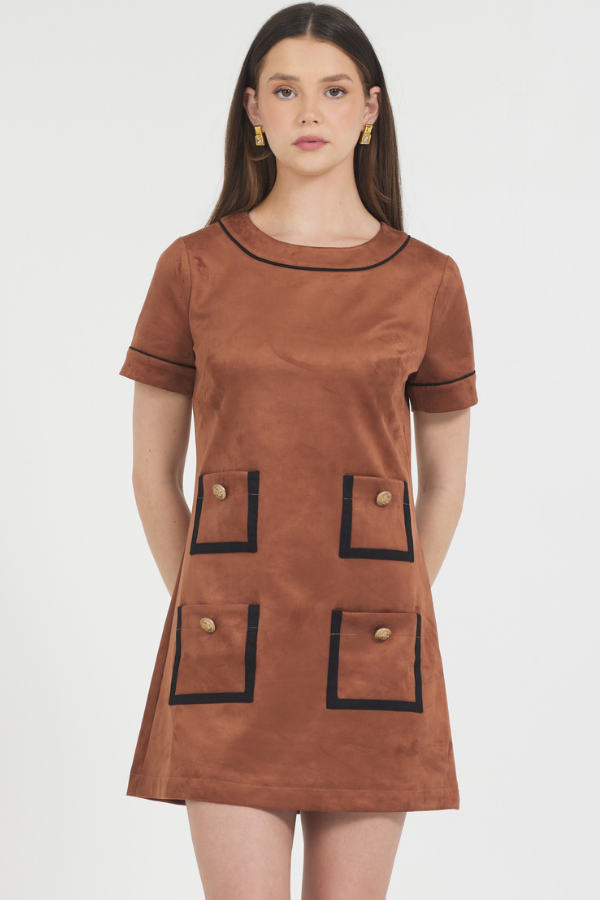 VEGAN SUEDE S/S MINI DRESS W/ CONTRAST COLOR BINDING