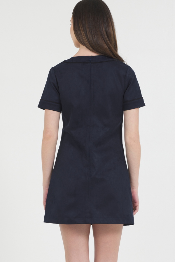 VEGAN SUEDE S/S MINI DRESS W/ CONTRAST COLOR BINDING
