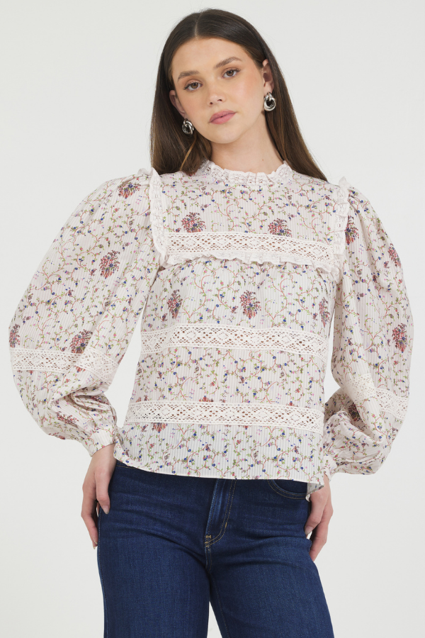 PRINTED BLOUSE WITH LACE TRIM DETAILS