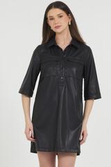 VEGAN LEATHER ELBOW SLEEVE MINI DRESS