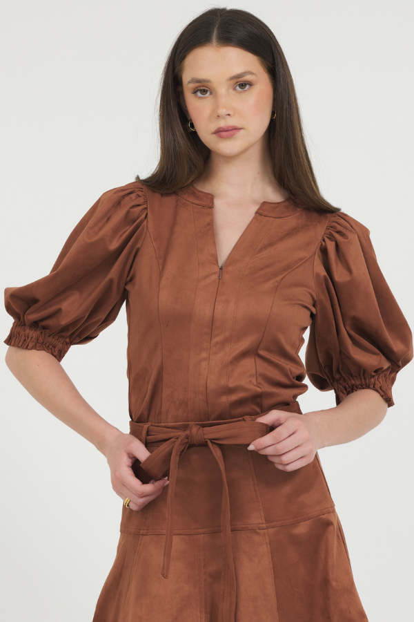 VEGAN SUEDE PUFF SLEEVE TOP