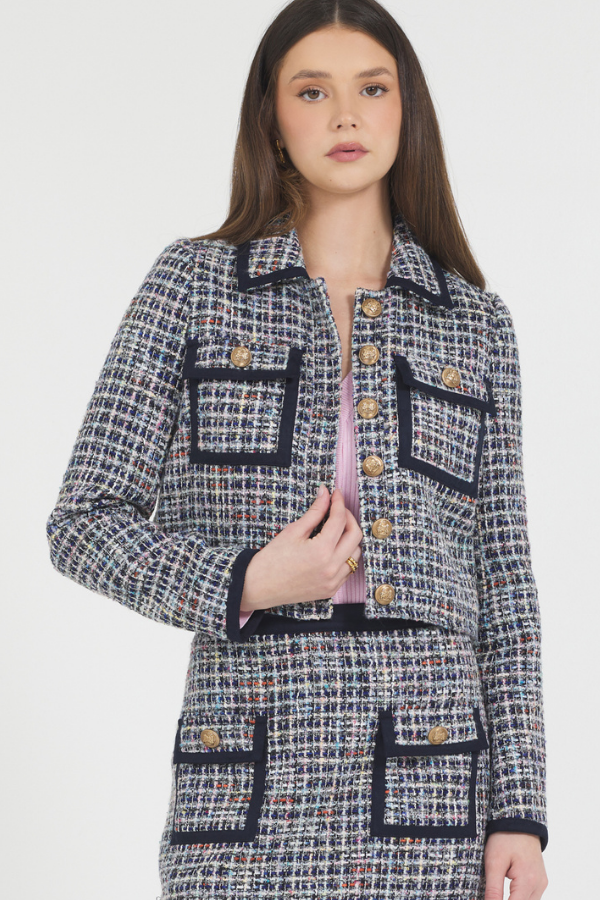 MULTI COLOR TWEED W/ SUEDE TRIM JACKET