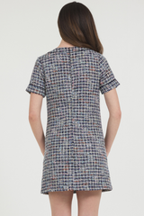 MULTI COLOR TWEED W/ SUEDE TRIM MINI DRESS