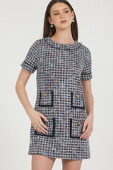 MULTI COLOR TWEED W/ SUEDE TRIM MINI DRESS