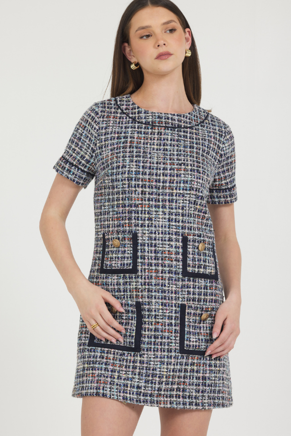 MULTI COLOR TWEED W/ SUEDE TRIM MINI DRESS