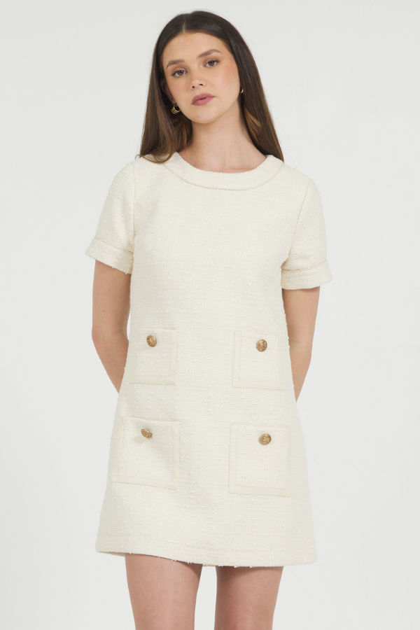 TWEED DRESS W/ LEATHER TRIM