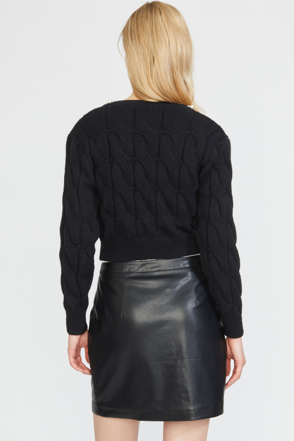 CABLE CARDIGAN W/ PEARL TRIM IN BLACK