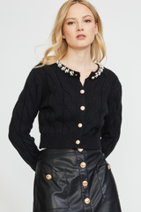 CABLE CARDIGAN W/ PEARL TRIM IN BLACK