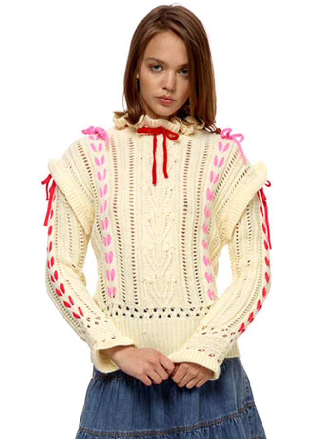 RIBBON DETAILED POINTELLE SWEATER