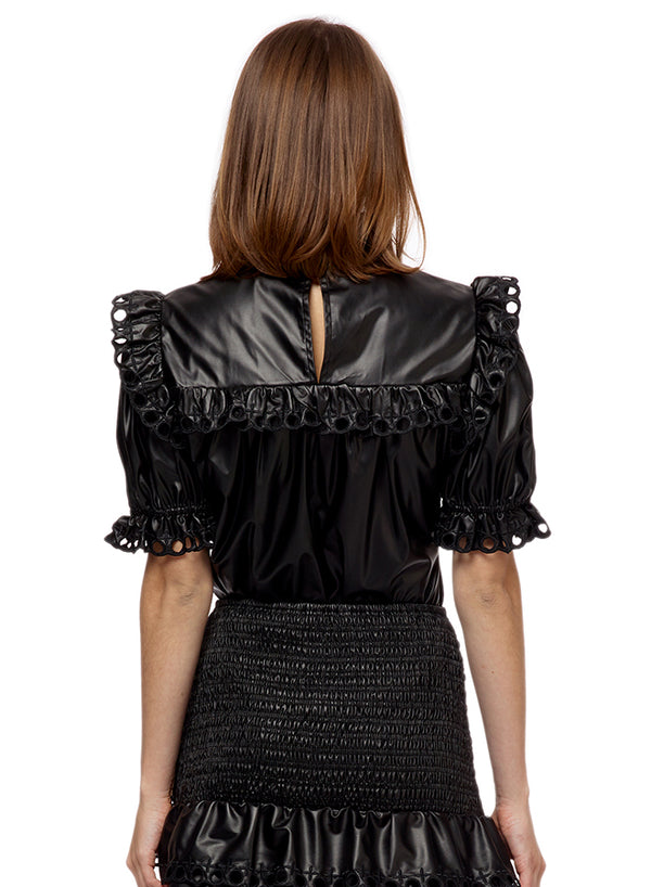 FAUX LEATHER EYELET TRIMMED S/S TOP